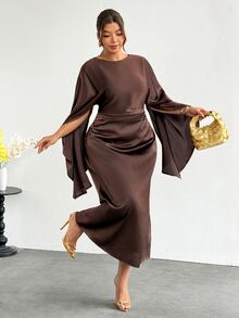Firerie Plus Size Women Solid Color Round Neck Cape Sleeve Pleated Elegant Dress - Coffee Brown - View 1
