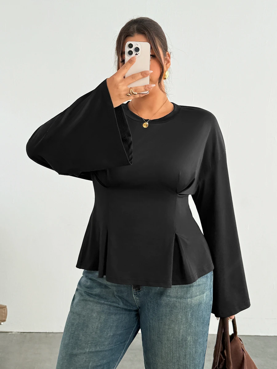 Firerie Black Pullover Round Neck Flared Long Sleeve Ruched Waist High Elastic T-Shirt/Comfortable - Black - View 1