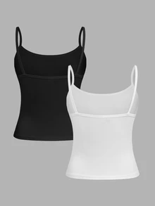 SHEIN 青少年女孩針織純色修身休閒細肩帶背心與內搭背心2件組 - 白色 - 查看 6