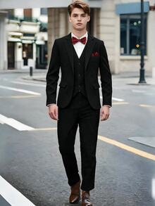 SHEIN Teen Boy Lapel Neck Long Sleeve Blazer And Pants Gentleman Suit Set - Black - View 3