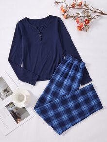 Teen Girl Button Half-Placket Long Sleeve Top And Plaid Pants Loungewear Set - Navy Blue - View 5