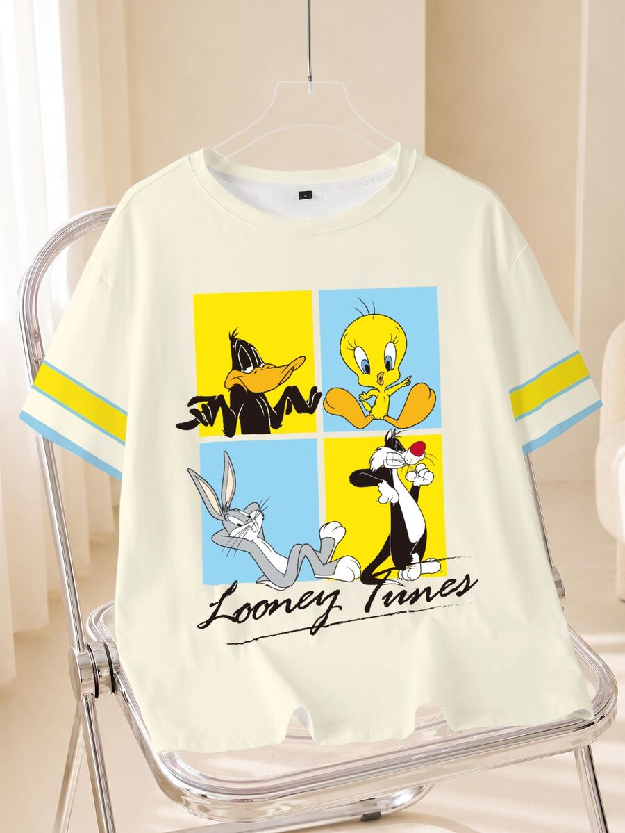 LOONEY TUNES X SHEIN Women's Cartoon Print Casual Daily Short Sleeve T-Shirt - White - View 1