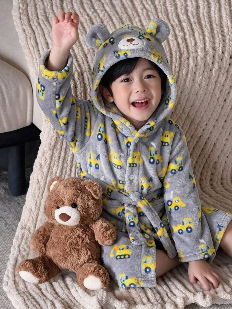 SHEIN Little Byeori 兒童小男孩休閒日常百搭舒適可愛卡通挖掘機圖案法蘭絨面料寬鬆中長款長褲家居服 秋冬