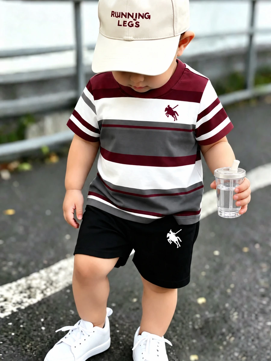 SHEIN 美式學院風男童兩件套,經典馬標海軍藍白紅條紋圓領短袖T恤 - 彩色 - 查看 1