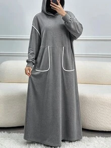 Lacomfia Casual Minimalist Grey Floral Contrast White Trim Hooded Drop Shoulder Long Sleeve Loose Regular Fit Plus Size Sweatshirt For Spring And Autumn - Grey - View 4
