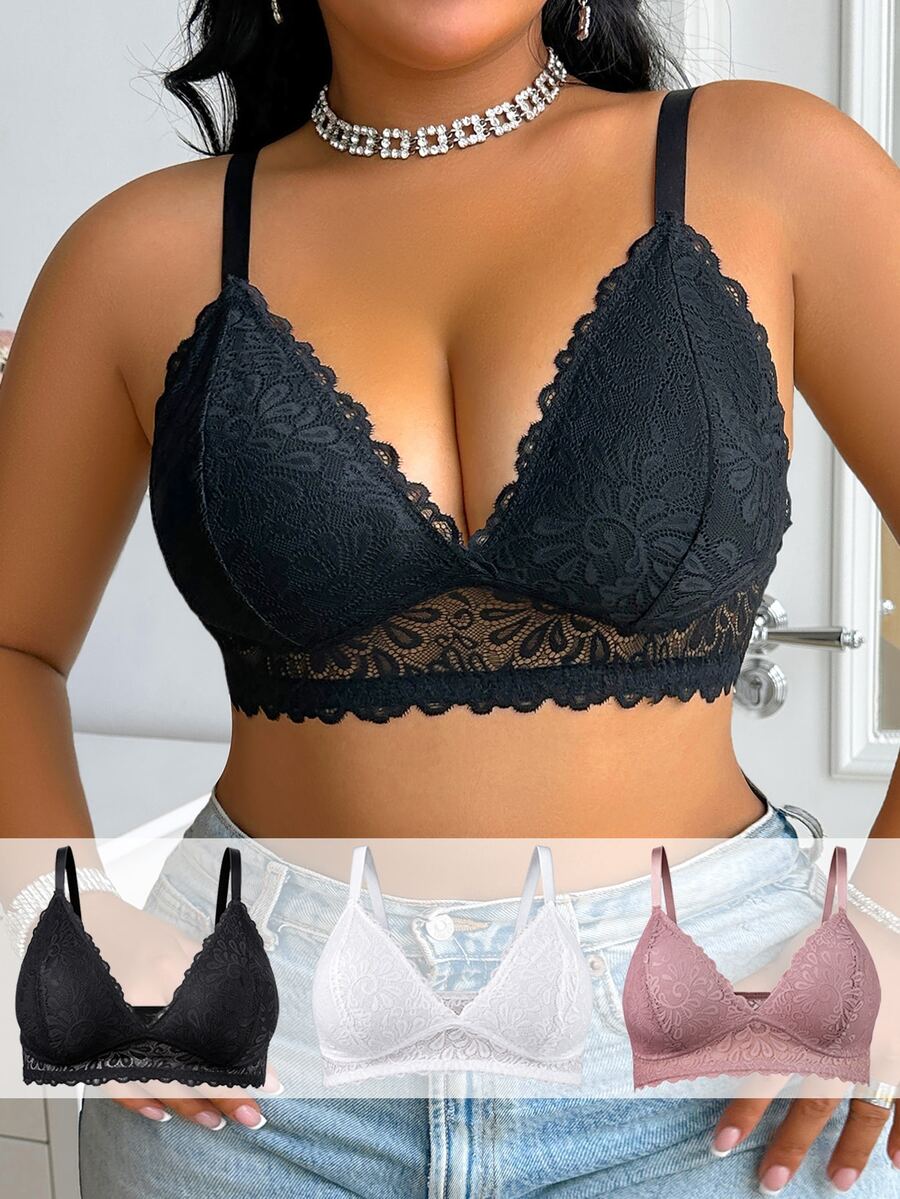 SHEIN 性感蕾絲大尺碼內衣套裝 3 件組 - 彩色 - 查看 1