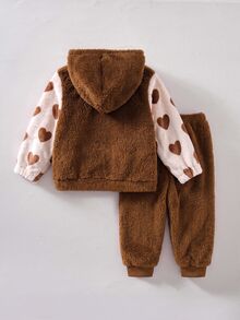 SHEIN Baby Girl Heart Print Thick Plush Patchwork Contrast Color Hooded Zip-Up Jacket With Cuffed Hem And Straight Leg Solid Color Plush Pants, Suitable For Winter - Brown - View 2