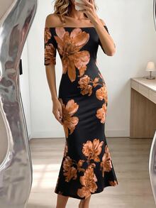 SHEIN Elenzya 女款復古花卉印花單肩魚尾禮服 - 彩色 - 查看 4
