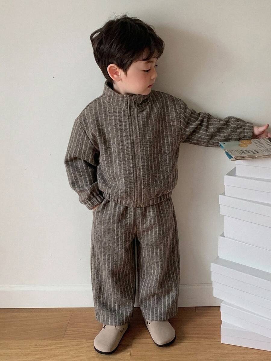 DAZY 男嬰條紋長袖夾克與長褲韓式風格2件套幼兒秋季 - 卡其色 - 查看 1