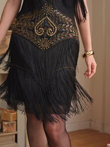 Anewsta Affair 1920s Vintage Sleeveless V-Neck Heavy Beaded Sequin Multi-Layer Fringe Short Party Dress - Gold - View 5