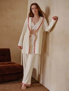 MOTF PREMIUM WOMEN'S COLORBLOCK WAIST KNOT LONG SLEEVE TOP AND PANTS CASUAL DAILY HOME SLEEPWEAR SET - Apricot - View 5