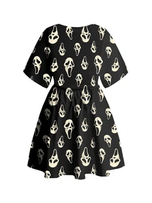 ROMWE Goth Plus Size Women V-Neck All-Over Print Casual Everyday Summer Dress - Black - View 2