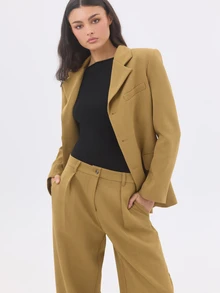 KÆRIA Hus High Waist Pleat Front Wide Leg Trousers - Compact Tailoring - Muted Chartreuse -Tailored - Pale Yellow - View 4
