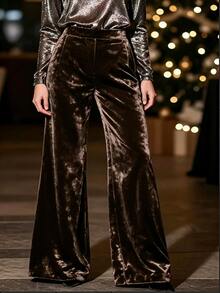Velvienne Plus Size Women's Autumn/Winter Elegant Solid Color Glossy Velvet Pleated Loose Fashion Minimalist Party Long Pants Fall - Burgundy - View 8