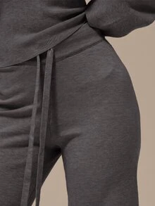 MUSERA ESSENTIALS 麻灰自綁抽繩羅紋彈性腰寬腿長褲 針織基礎居家休閒日常必備褲 - 深灰色 - 查看 5