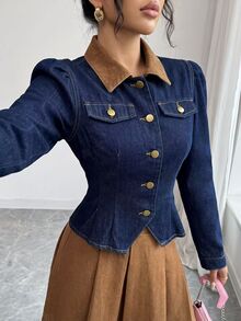 Elenzga 女款單排扣撞色長袖夾克與裙子休閒牛仔套裝 - 藍色 - 查看 6