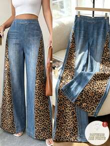 SHEIN American Vintage Leopard Print Frayed Patchwork High Waist Wide Leg Denim Effect Jeans For Women, Design-Driven Washed Blue Slimming Casual Long Pants - Multicolor - View 3