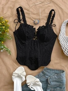 Soleia Women's Hollow Embroidery Front Tie Fashionable Camisole - Black - View 4