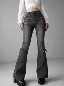 FRIFUL Women's Casual Flare Jeans With Pocket And Eyelet Lace-Up Design - Dark Grey - View 10