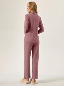 SHEIN Tall 100%Cotton Shirt Style Buttoned Striped Dark Blue 2 Pieces Pajama Set - Rusty Rose - View 2