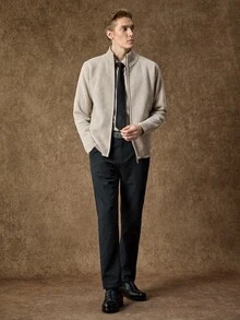 Manfinity CityGents 男士保暖內裡拉鍊口袋長袖針織毛衣，秋冬款 - 米色 - 查看 7