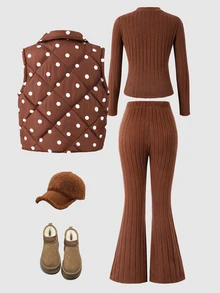 Tween Girls 3pcs Polka Dot Quilted Puffer Vest Zip Up Fleece Ribbed Tops & Pants Winter Clothing Set - Mocha Brown - View 2