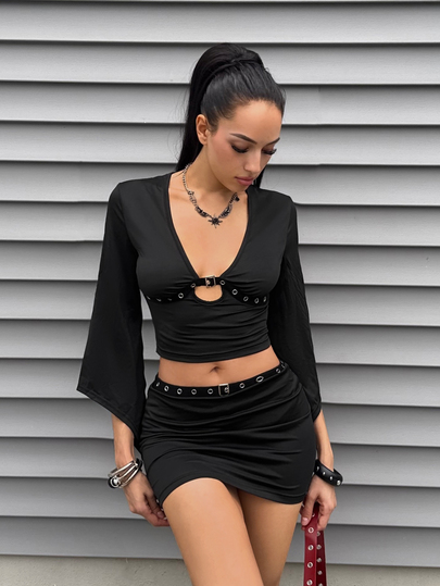 EgrlEra Women's Solid Color Eyelet Buckle Design Deep V-Neck Flare Sleeve Cropped Top And Skirt Sexy 2 Pieces Set