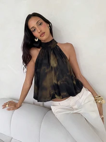 Aloruh Boho Vacation Sexy Hot Girl Halter Neck Chiffon Leopard Print Women's Top - Brown - View 5