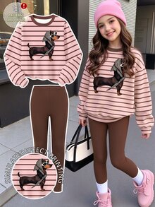 (1 Set) Tween Girls Autumn/Winter Fashion Leopard Print Headband, Puppy Pink & Brown Striped Crew Neck Sweatshirt With Leggings - Multicolor - View 1