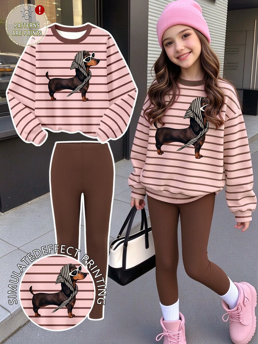 (1 Set) Tween Girls Autumn/Winter Fashion Leopard Print Headband, Puppy Pink & Brown Striped Crew Neck Sweatshirt With Leggings - Multicolor - View 1