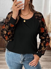 SHEIN LUNE Plus Size Women's Vacation Patchwork Floral Print Raglan Long Sleeve Round Neck T-Shirt - Multicolor - View 5