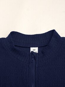 SHEIN 青少年女孩拉鍊夾克外套與喇叭褲套裝 - 藏蓝色 - 查看 4