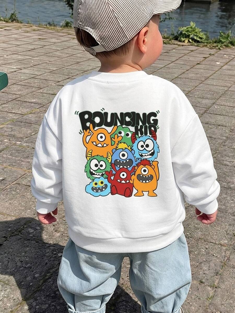SHEIN Young Boys Cute Little Monster Cartoon Crew Neck Regular Fit Sweatshirt Kids - White - View 1