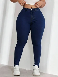SHEIN ICON 大尺碼女款休閒舒適淺藍色彈性牛仔褲 - 藍色 - 查看 3