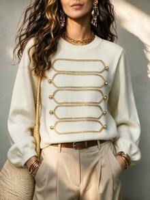 SHEIN Cream Round Neck Knit Sweater, Decorative Bead Stripe Long Sleeve Top - Apricot - View 4
