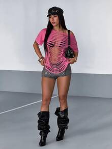 StreetHx 女款白色前開衩性感鏤空流蘇設計街頭風 Y2K Baddie 龐克搖滾大廓形音樂節適用短袖T恤 - 玫紅色 - 查看 3
