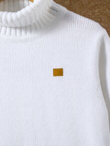 SHEIN Little Byeori 兒童青少年男孩休閒日常百搭舒適高領長袖套頭針織毛衣 素色 適合通勤上學日常休閒度假旅行運動 秋冬 - 白色 - 查看 6