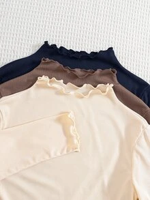 3pcs Tween Girls' Casual All-Match Solid Color Ribbed Lettuce Trim Mock Neck T-Shirts - Multicolor - View 4