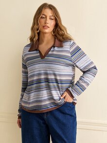Écloséra Curve Plus Size Women's Spring/Autumn Vintage Minimalist Casual Daily Commute Versatile Shirt, Turn-Down Collar Ribbed Patchwork Ribbed Fabric Long T-Shirt - Multicolor - View 3