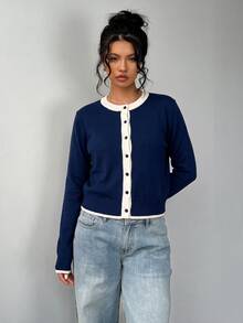 SHEIN BASICS Women's Colorblock Casual Versatile Daily Wear Cardigan - Navy Blue - View 7