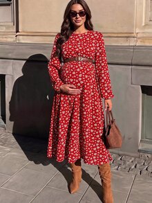 SHEIN 孕婦碎花圓領長袖優雅洋裝 秋冬休閒款 - 紅色 - 查看 1