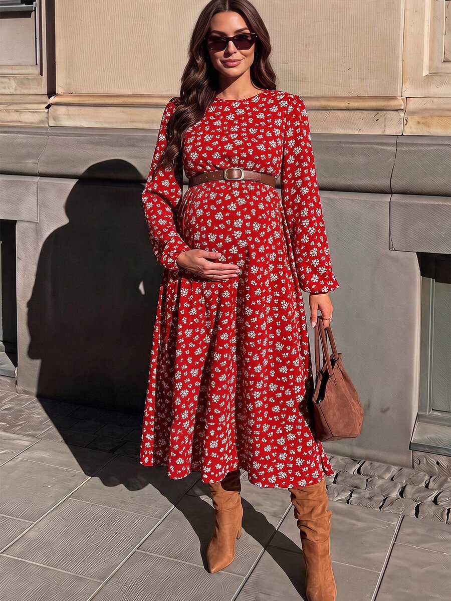SHEIN 孕婦碎花圓領長袖優雅洋裝 秋冬休閒款 - 紅色 - 查看 1