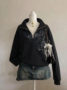 SHEIN EZwear 女款黑色假領拉鍊領運動衫，休閒極簡復古龐克 Y2K 百搭派對印花圖案，音樂節穿搭，哥德風，女款秋季服飾，秋季穿搭，女款通勤穿搭，百搭上衣，外出穿搭，機場穿搭 - 彩色 - 查看 1
