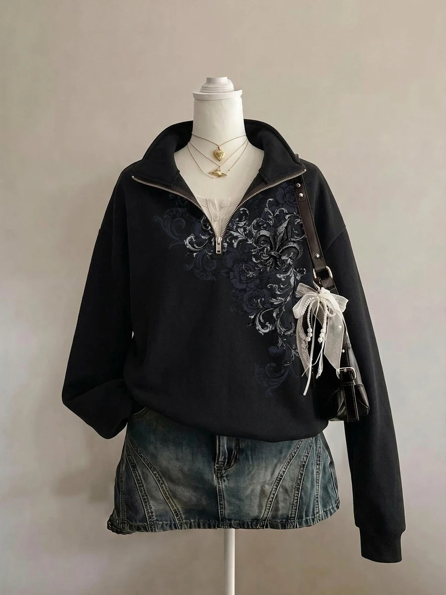 SHEIN EZwear 女款黑色假領拉鍊領運動衫,休閒極簡復古龐克 Y2K 百搭派對印花圖案,音樂節穿搭,哥德風,女款秋季服飾,秋季穿搭,女款通勤穿搭,百搭上衣,外出穿搭,機場穿搭 - 彩色 - 查看 1