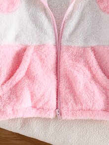 SHEIN 1件女童韓系溫柔風毛絨連帽外套，拼色寬鬆珊瑚絨休閒外套，適合上學、通勤、購物與旅行，秋冬款 - 彩色 - 查看 6