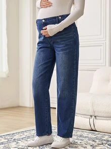 SHEIN Maternity Simple Daily Button Pocket Denim Jeans Winter Country Pants - Blue - View 5