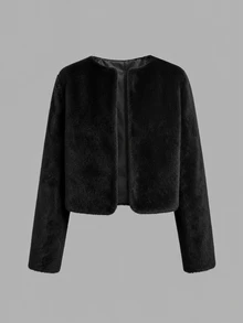 SHEIN Teen Girl Minimalist Faux Fur Jacket, Suitable For Party And Outdoor Wear, Autumn/Winter - Black - View 4