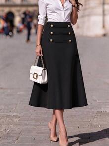Juhart Plus Size Autumn/Winter Commuter Napoleon Style A-Line Skirt - Black - View 3