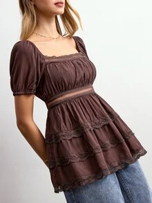 Willow Rêve Blus Renda Berkerut Manis untuk Liburan Wanita, Cocok untuk Kencan - Coklat - View 7