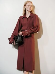 Aveloria Modichic Dress A-Line Textured Woven Organ Pleated Button Ruffle Cuff Belted Slit Elegant Burgundy Solid Shirt Dress Maxi Vintage Commuter Christmas - Rust Brown - View 6